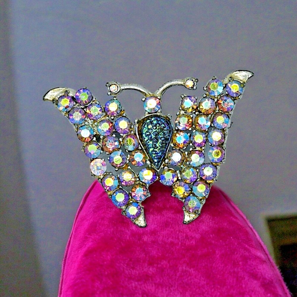 Vintage Butterfly Brooch Carnival Glass Belly Aurora Borealis Estate Jewelry Pin